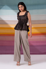 Load image into Gallery viewer, Flamboyant deep charcoal cotton silk gathered Top with gold print