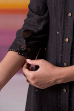 Load image into Gallery viewer, Charcoal linen beaded long shirt