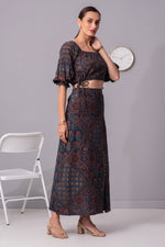 Load image into Gallery viewer, Kaleidoscope Collage side slit long Skirt (Indigo)