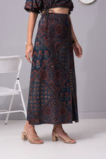 Load image into Gallery viewer, Kaleidoscope Collage side slit long Skirt (Indigo)