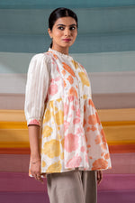 Load image into Gallery viewer, Print blocked chanderi shirt tunic with textured inner and bead details
