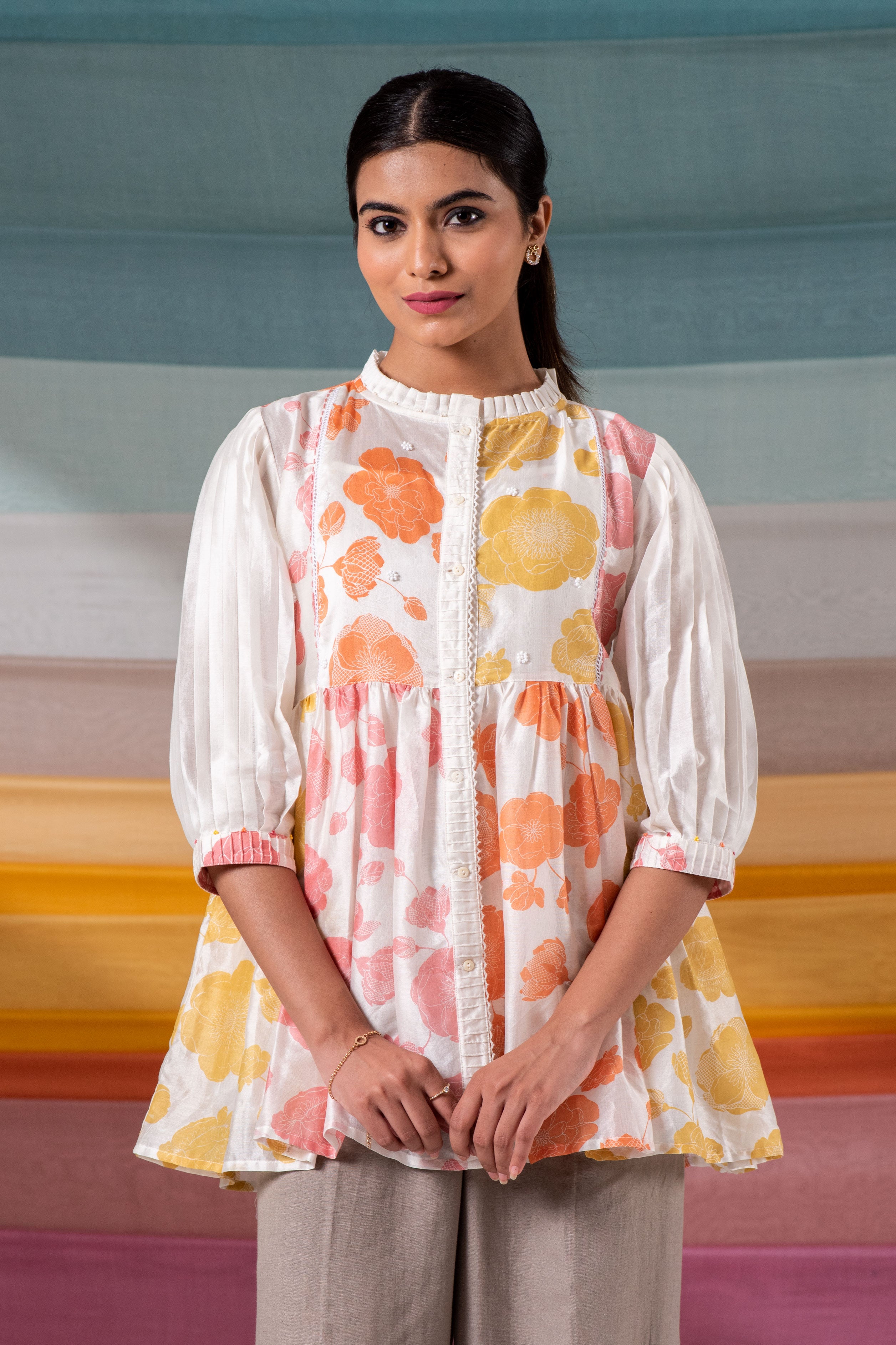 Print blocked chanderi shirt tunic with textured inner and bead details