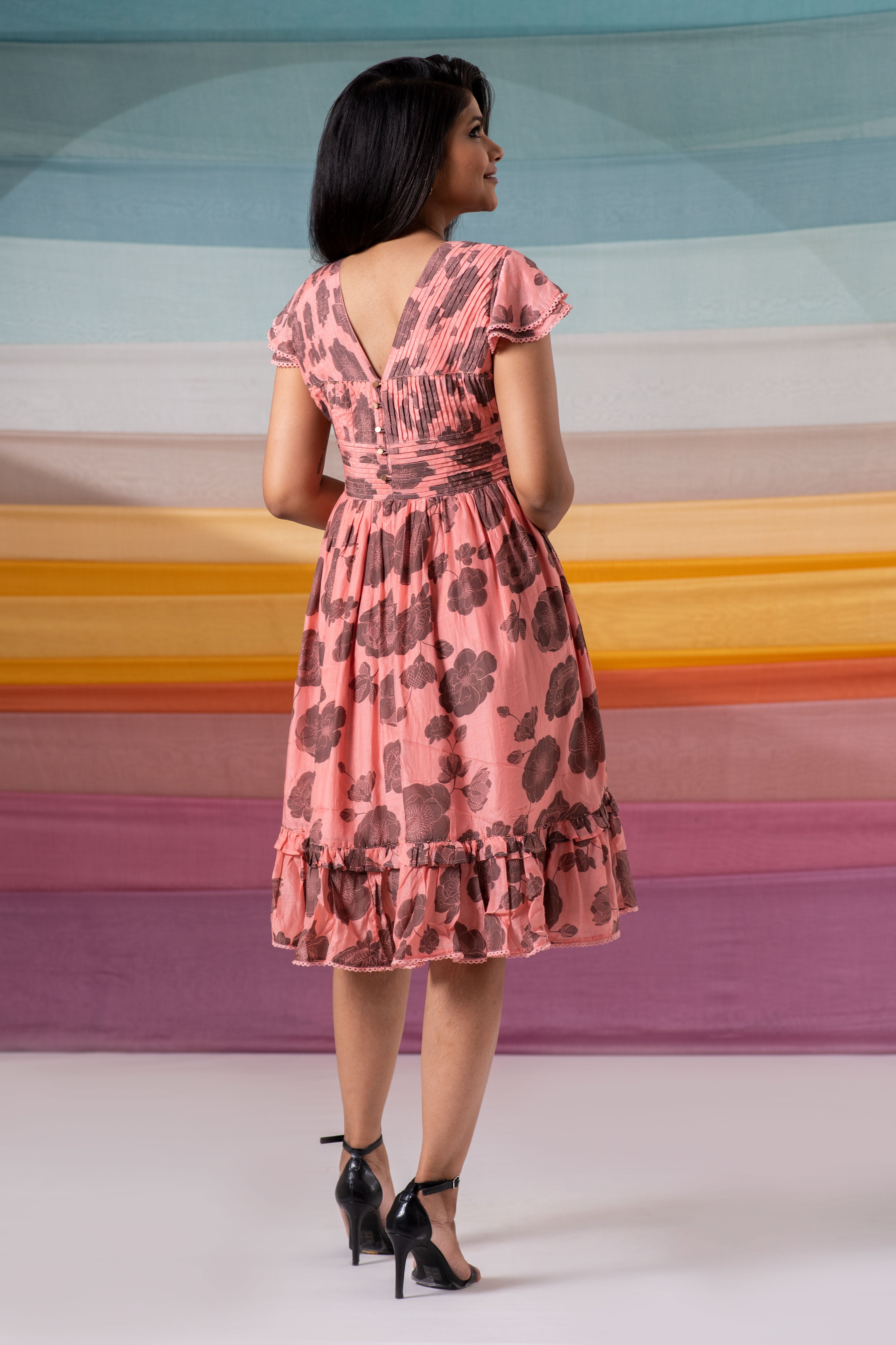 Floral pink pleated yoke dress with minute bead details