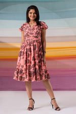 Load image into Gallery viewer, Floral pink pleated yoke dress with minute bead details
