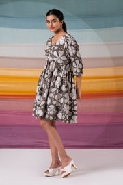 Charcoal hand block printed botanic zari dress