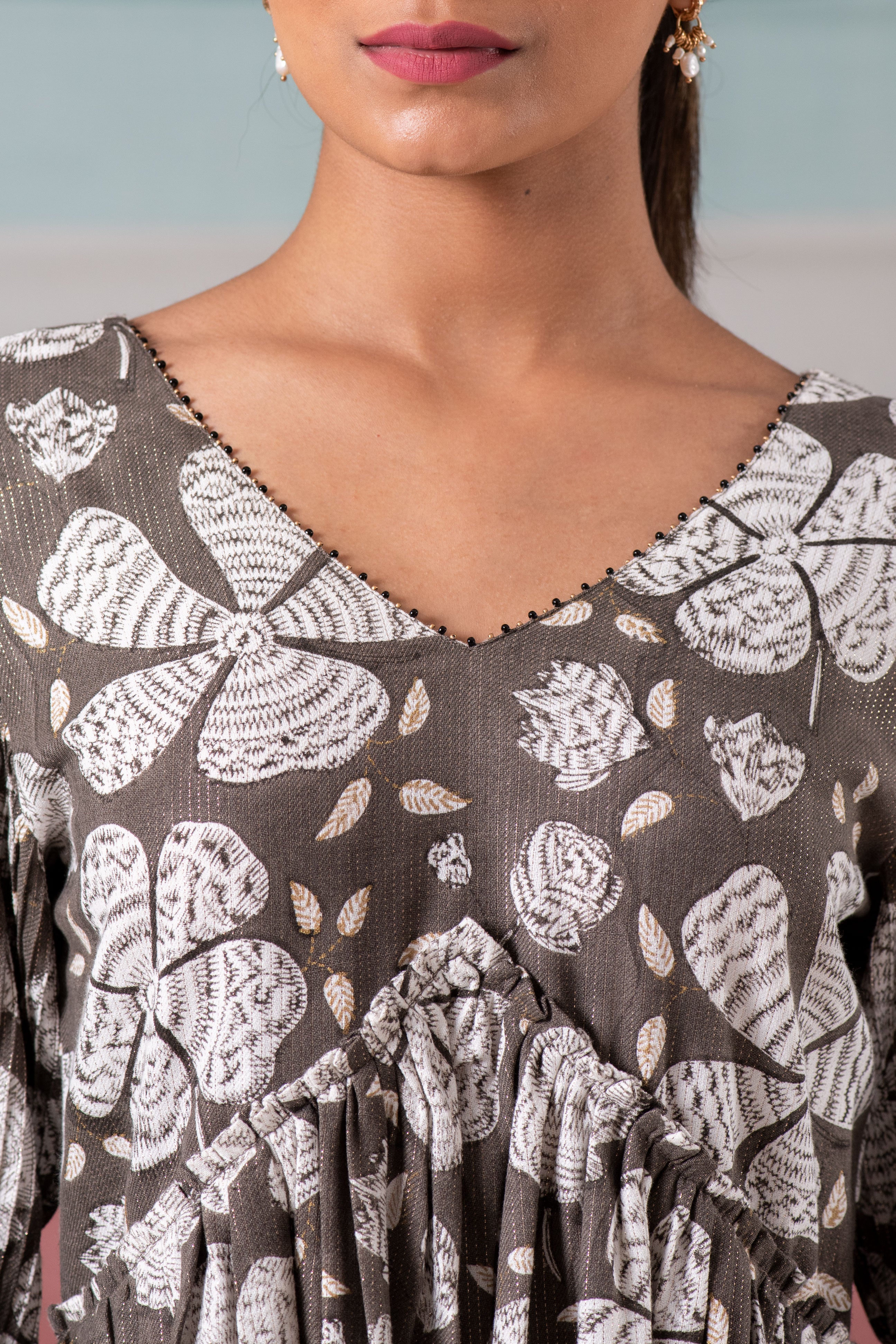 Charcoal hand block printed botanic zari dress