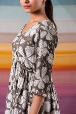 Load image into Gallery viewer, Charcoal hand block printed botanic zari dress
