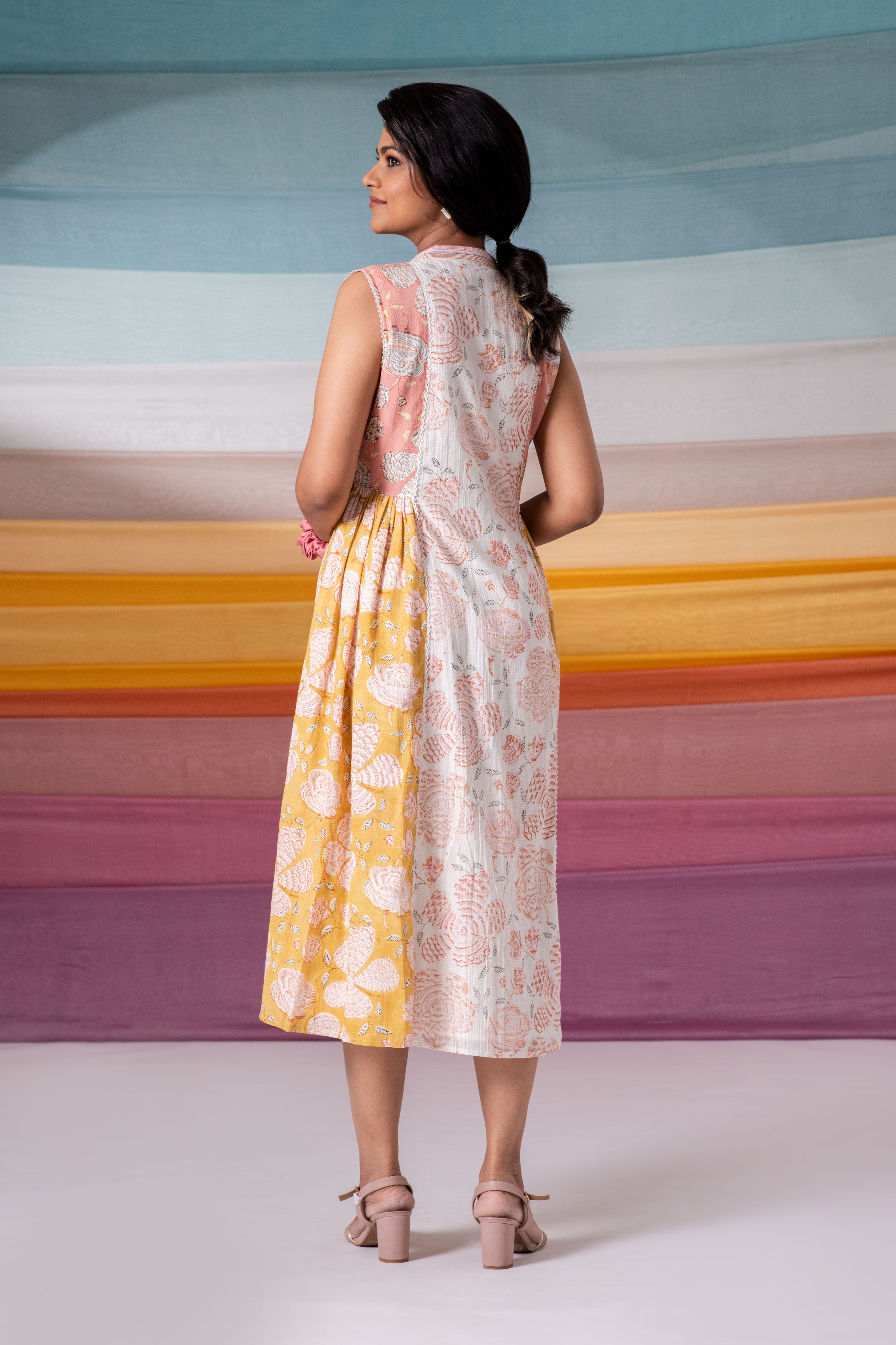Polychromatic Button Down Embellished Midi Dress