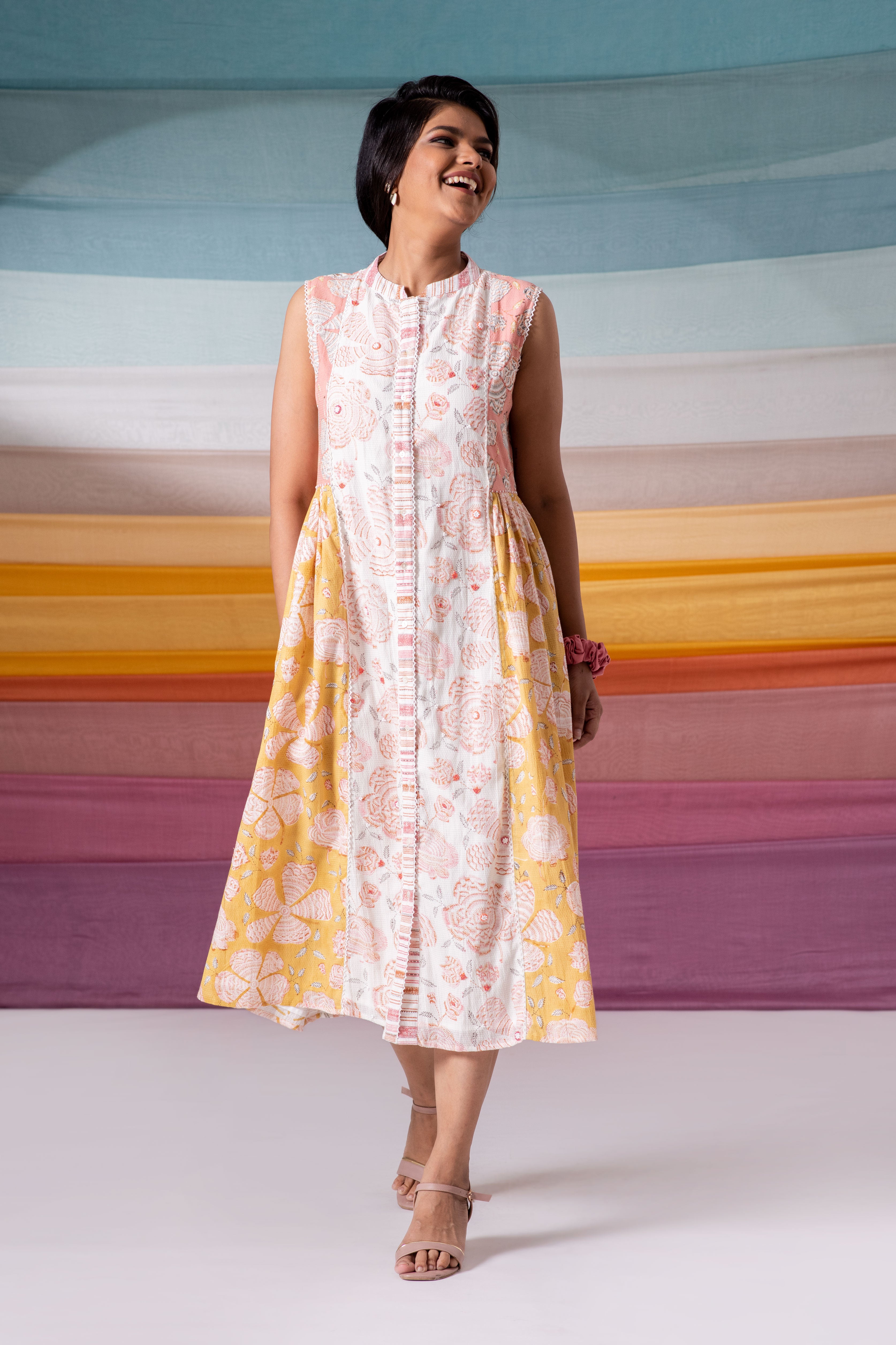 Polychromatic Button Down Embellished Midi Dress