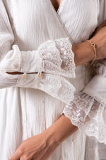 Load image into Gallery viewer, Pure white delicate lace detailed crepe wrap dress