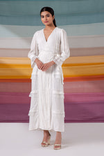 Load image into Gallery viewer, Pure white delicate lace detailed crepe wrap dress
