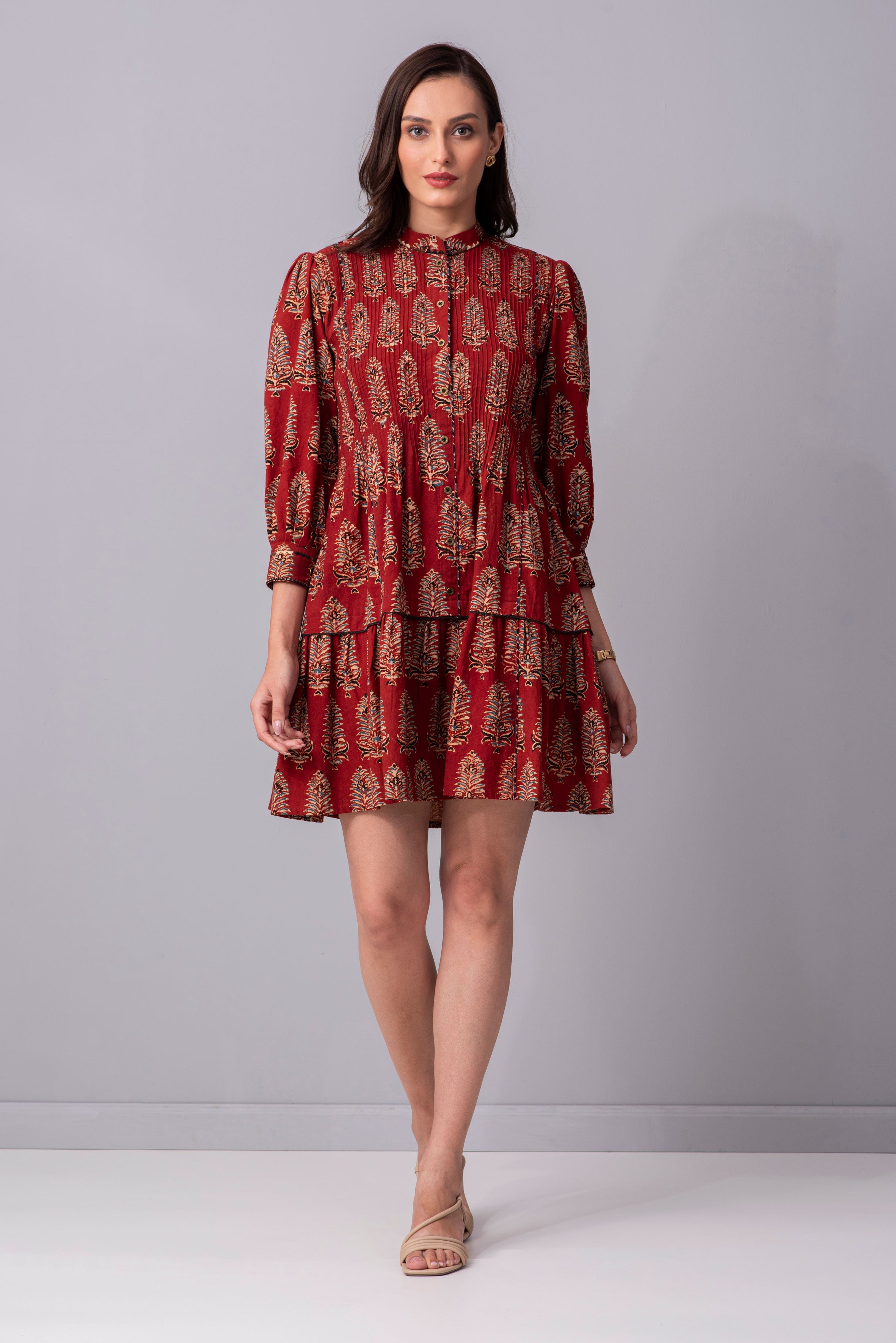 Earthy Crimson Pintucked tier Dress