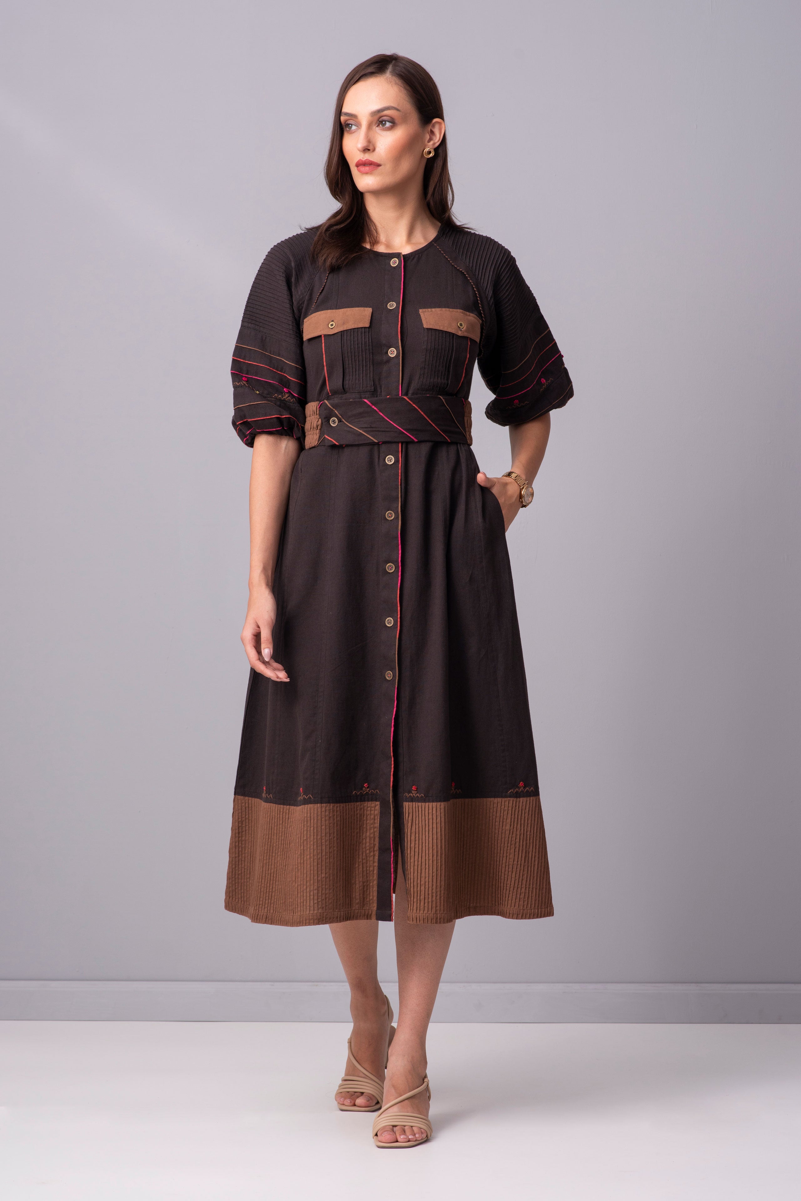 Charcoal Mahogony Multi piping midi Dress