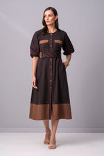 Load image into Gallery viewer, Charcoal Mahogony Multi piping midi Dress
