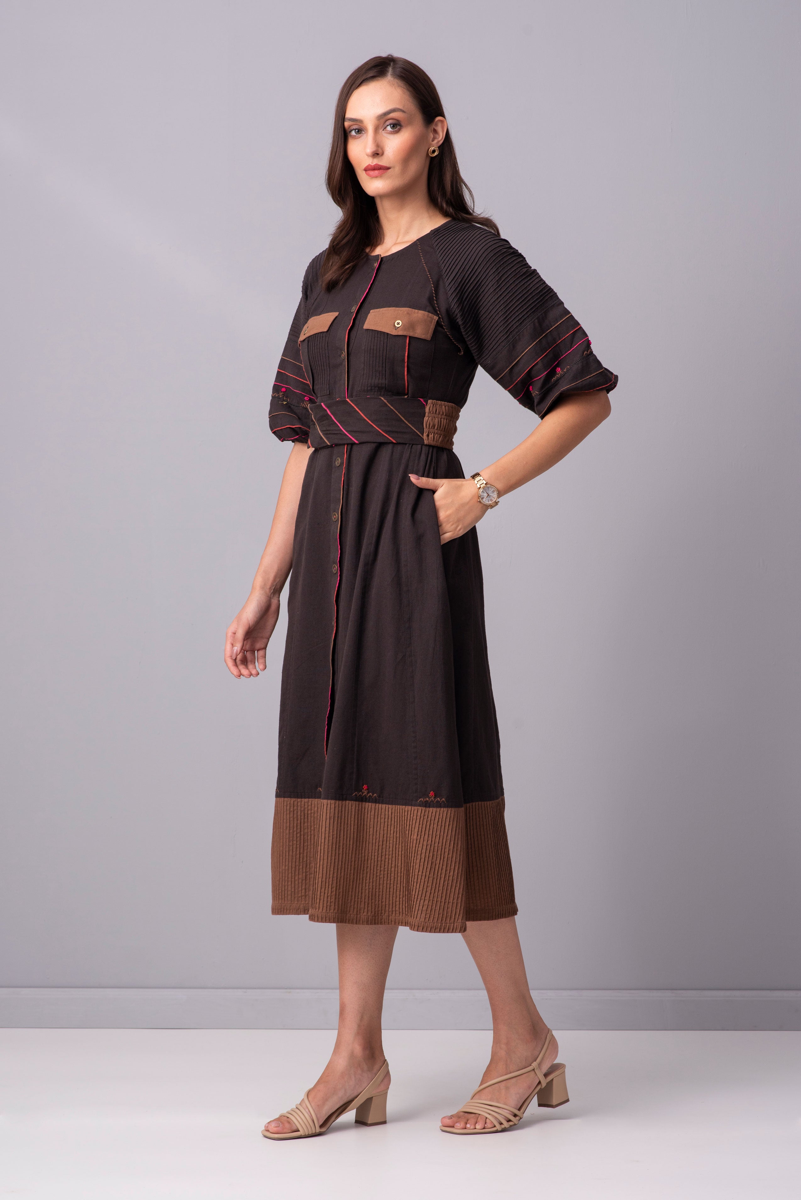 Charcoal Mahogony Multi piping midi Dress