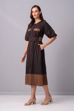 Load image into Gallery viewer, Charcoal Mahogony Multi piping midi Dress
