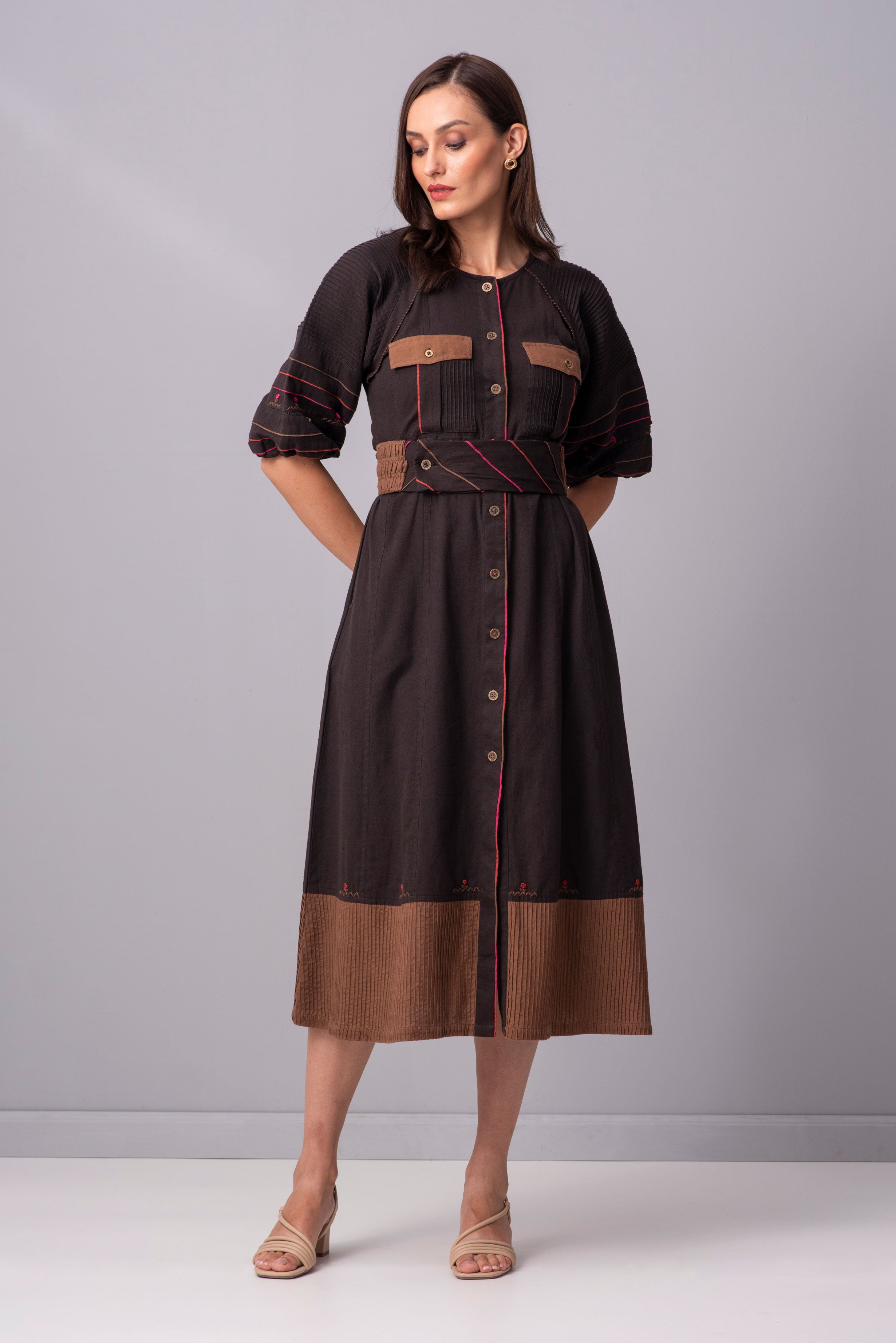 Charcoal Mahogony Multi piping midi Dress