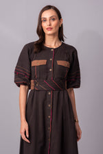 Load image into Gallery viewer, Charcoal Mahogony Multi piping midi Dress
