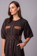 Load image into Gallery viewer, Charcoal Mahogony Multi piping midi Dress
