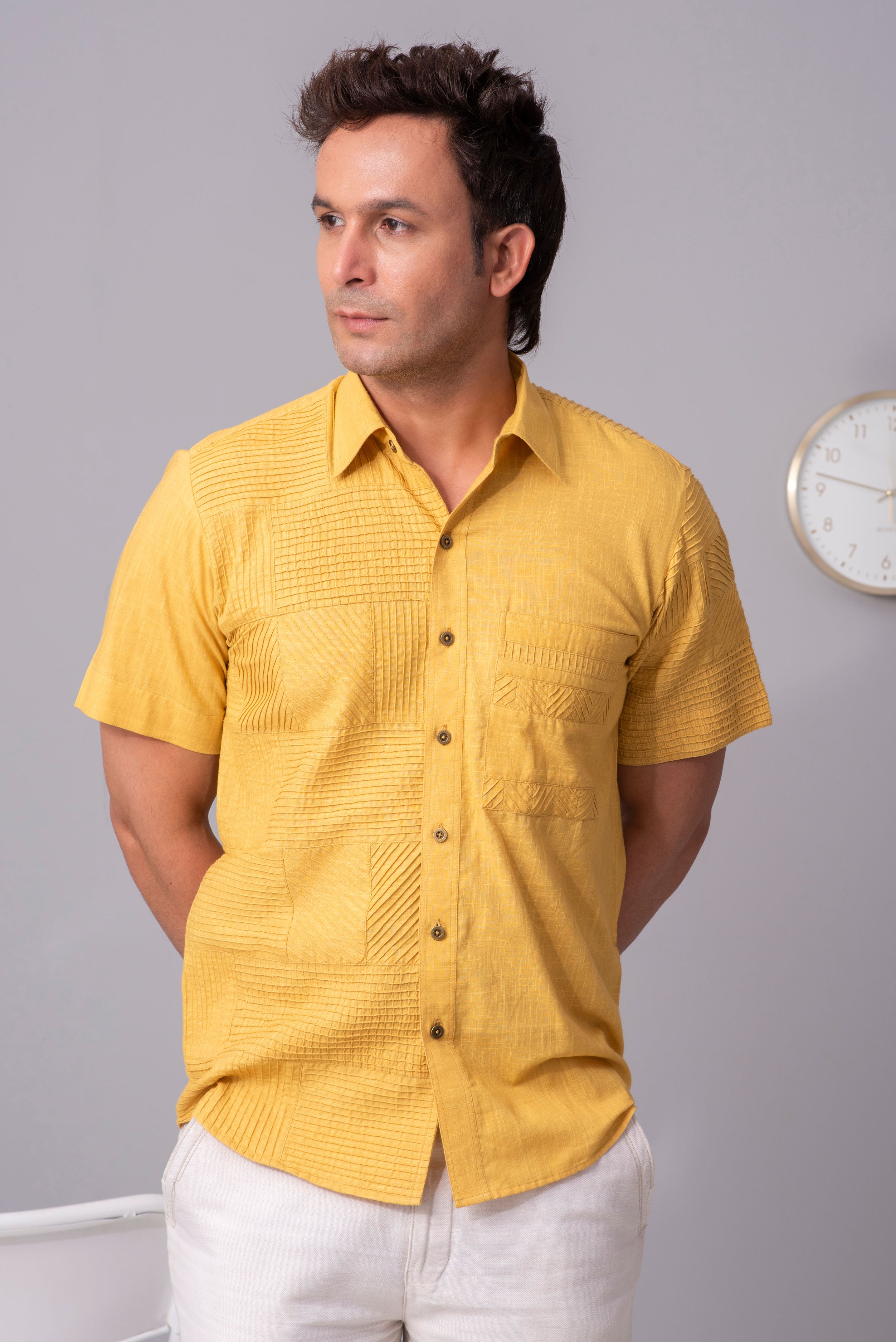 Akio Dandelion pattern fusion cotton slub shirt