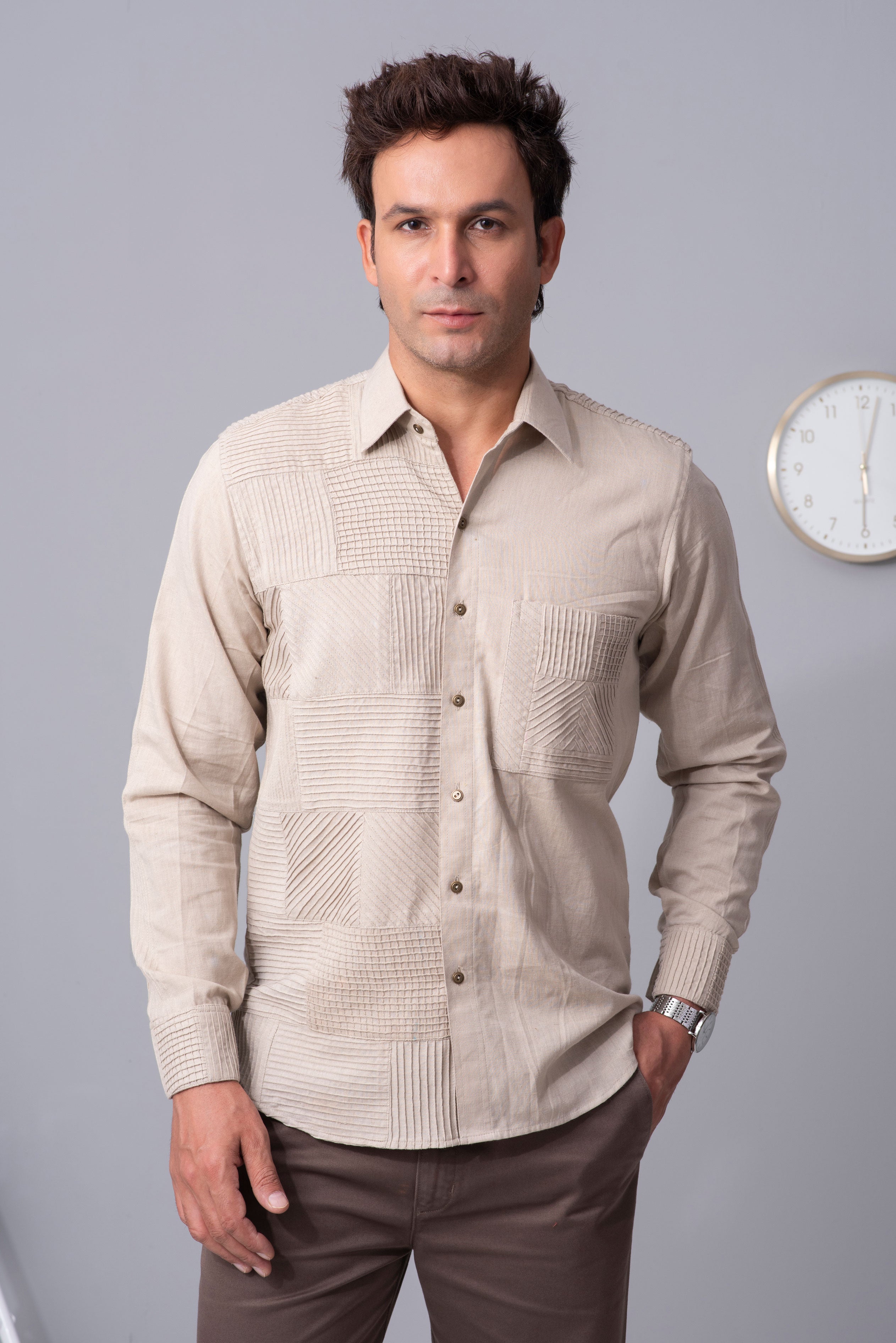 Beige Pattern parade cotton shirt