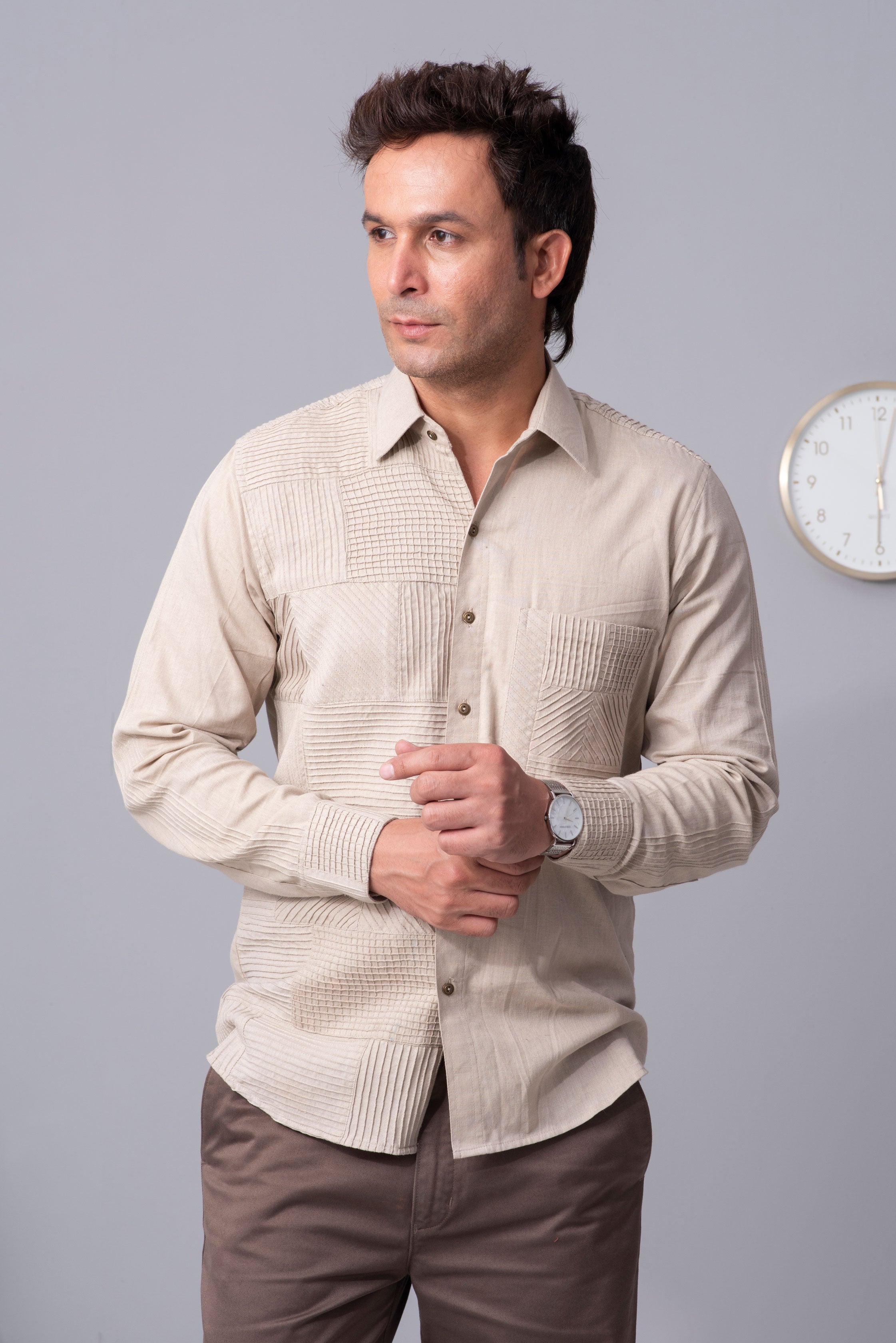 Beige Pattern parade cotton shirt