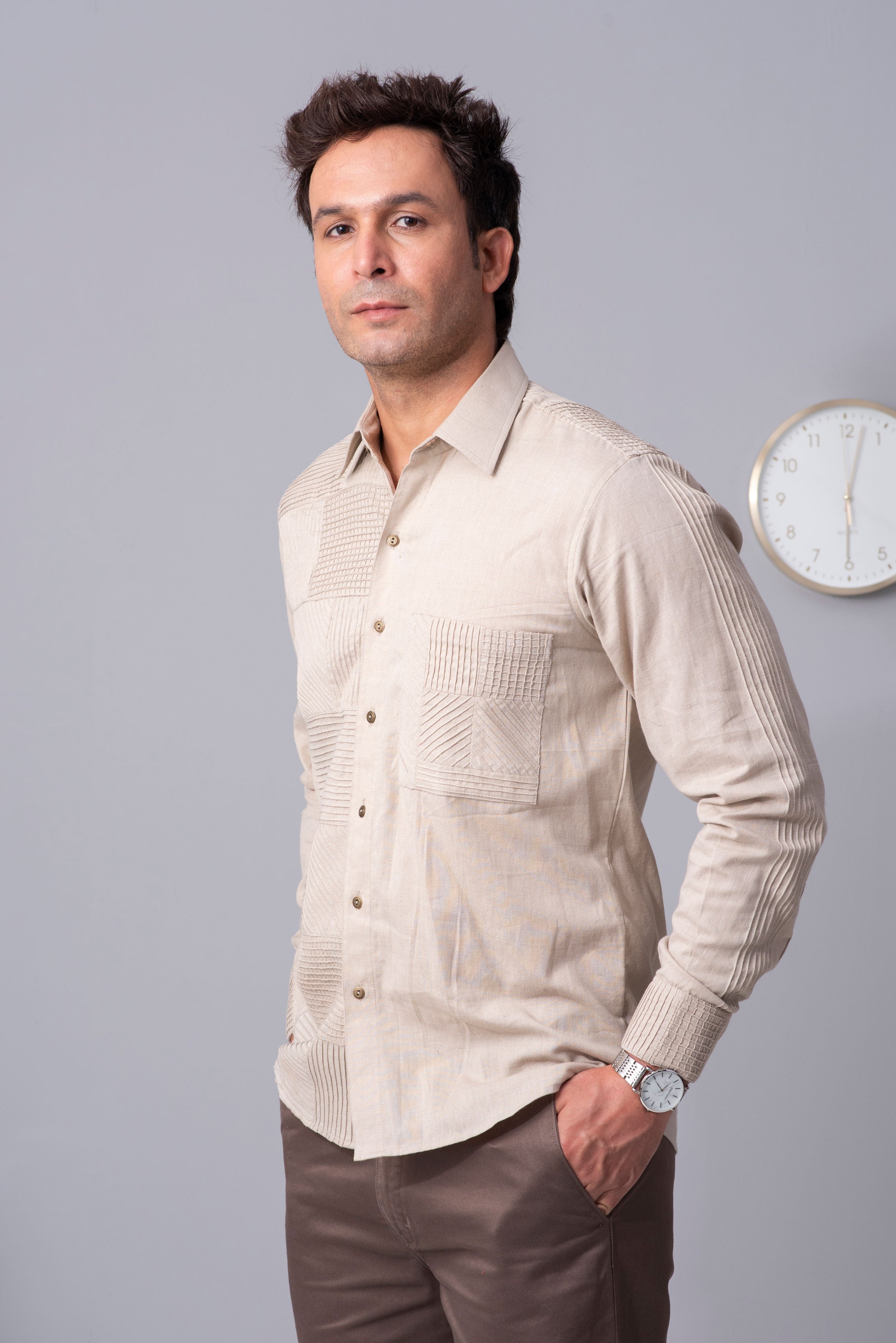 Beige Pattern parade cotton shirt